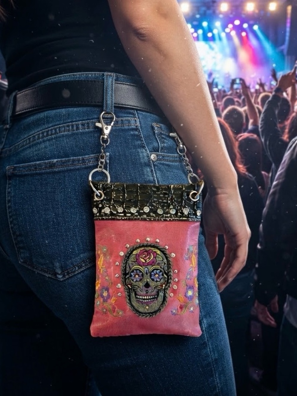 Bling Sugar Skull Biker/concert/Festival Hip Bag Belt Loop Pouch - Purse 6"x8"